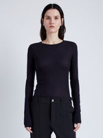 Proenza Schouler Front cropped image of model wearing Kaiya Top in Sheer Slub Jersey in MIDNIGHT