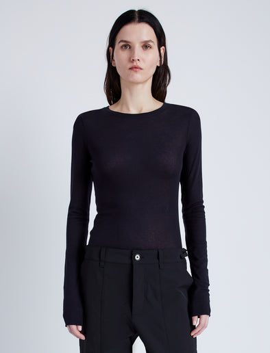 Proenza Schouler Front cropped image of model wearing Kaiya Top in Sheer Slub Jersey in MIDNIGHT