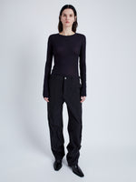 Proenza Schouler Front full length image of model wearing Kaiya Top in Sheer Slub Jersey in MIDNIGHT