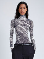 Proenza Schouler Front cropped image of model wearing Rio Top in Printed Stretch Tulle Jersey in CONCRETE