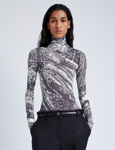 Proenza Schouler Front cropped image of model wearing Rio Top in Printed Stretch Tulle Jersey in CONCRETE