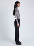 Proenza Schouler Side full length image of model wearing Rio Top in Printed Stretch Tulle Jersey in CONCRETE