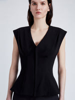 Proenza Schouler Detail image of model wearing Janet Top in Matte Viscose Crepe in BLACK