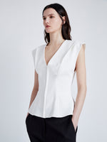 Proenza Schouler Detail image of model wearing Janet Top in Matte Viscose Crepe in WHITE