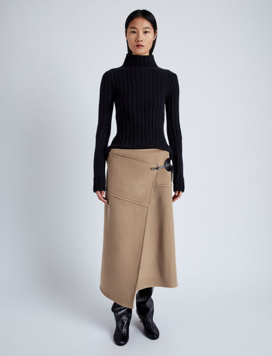 Proenza Schouler Front full length image of model wearing Aida Skirt in Brushed Melange Wool in CAMEL MELANGE