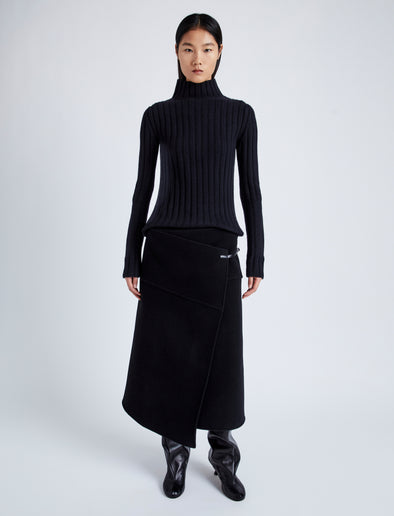 Proenza Schouler Front full length image of model wearing Aida Skirt in Brushed Melange Wool in CHARCOAL MELANGE