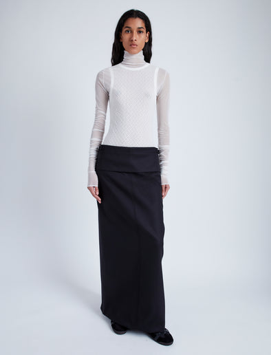 Proenza Schouler Front full length image of model wearing Adriana Skirt in Wool Twill Suiting in BLACK