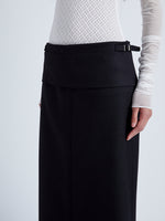 Proenza Schouler Detail image of model wearing Adriana Skirt in Wool Twill Suiting in BLACK