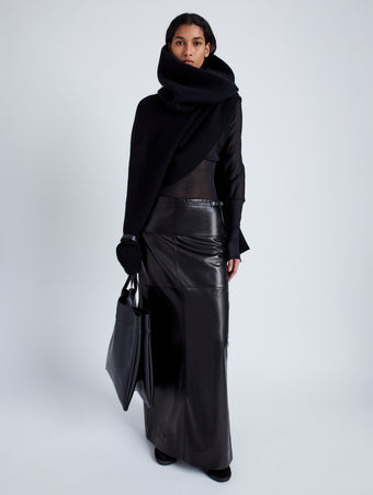 Proenza Schouler Front full length image of model wearing Adriana Skirt in Paper Leather in BLACK