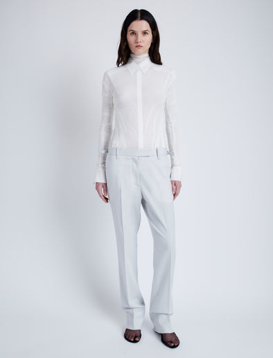 Proenza Schouler Front full length image of model wearing Teddy Pant in Wool Twill Suiting in SMOKE