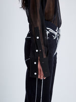 Proenza Schouler Detail image of model wearing Smithson Top in Organza Knit in BLACK