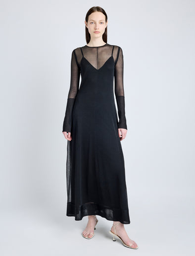 Proenza Schouler Front full length image of model wearing Anneliese Dress in Organza Knit in BLACK