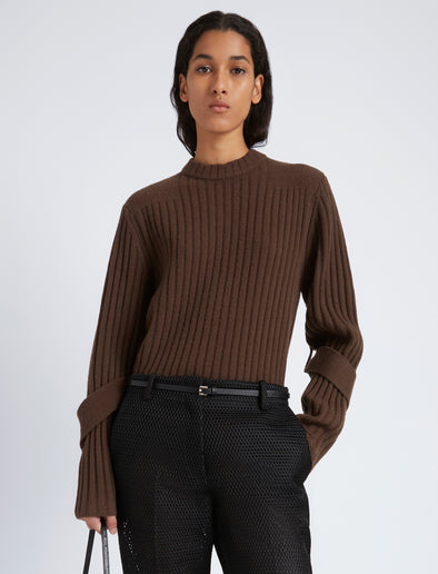 Proenza Schouler Front cropped image of model wearing Verona Sweater in Midweight Cashmere Rib in BARK