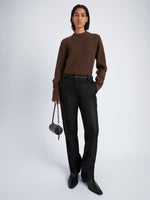 Proenza Schouler Front full length image of model wearing Verona Sweater in Midweight Cashmere Rib in BARK