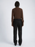 Proenza Schouler Back full length image of model wearing Verona Sweater in Midweight Cashmere Rib in BARK