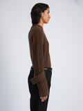 Proenza Schouler Detail image of model wearing Verona Sweater in Midweight Cashmere Rib in BARK