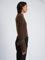 Proenza Schouler Detail image of model wearing Verona Sweater in Midweight Cashmere Rib in BARK