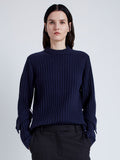 Proenza Schouler Front cropped image of model wearing Verona Sweater in Midweight Cashmere Rib in NAVY