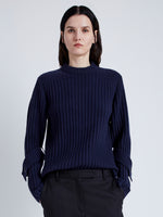 Proenza Schouler Front cropped image of model wearing Verona Sweater in Midweight Cashmere Rib in NAVY