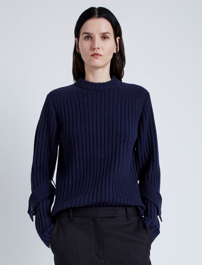 Proenza Schouler Front cropped image of model wearing Verona Sweater in Midweight Cashmere Rib in NAVY