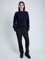 Proenza Schouler Front full length image of model wearing Verona Sweater in Midweight Cashmere Rib in NAVY