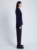 Proenza Schouler Side full length image of model wearing Verona Sweater in Midweight Cashmere Rib in NAVY