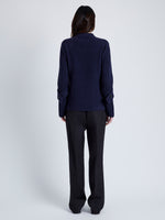 Proenza Schouler Back full length image of model wearing Verona Sweater in Midweight Cashmere Rib in NAVY