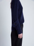 Proenza Schouler Detail image of model wearing Verona Sweater in Midweight Cashmere Rib in NAVY