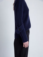 Proenza Schouler Detail image of model wearing Verona Sweater in Midweight Cashmere Rib in NAVY