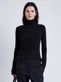 Proenza Schouler cropped front image of model wearing Haven Sweater in Midweight Cashmere Rib in black