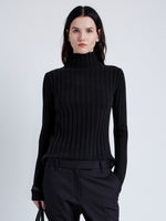 Proenza Schouler cropped front image of model wearing Haven Sweater in Midweight Cashmere Rib in black