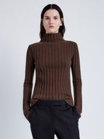 Proenza Schouler Front cropped image of model wearing Haven Sweater in Midweight Cashmere Rib in BARK