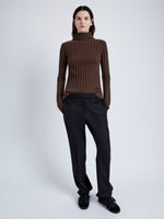 Proenza Schouler Front full length image of model wearing Haven Sweater in Midweight Cashmere Rib in BARK