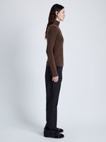 Proenza Schouler Side full length image of model wearing Haven Sweater in Midweight Cashmere Rib in BARK