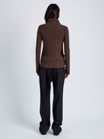 Proenza Schouler Back full length image of model wearing Haven Sweater in Midweight Cashmere Rib in BARK