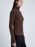 Proenza Schouler Detail image of model wearing Haven Sweater in Midweight Cashmere Rib in BARK