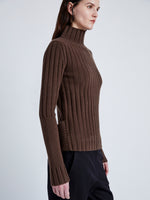 Proenza Schouler Detail image of model wearing Haven Sweater in Midweight Cashmere Rib in BARK