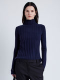 Proenza Schouler Front cropped image of model wearing Haven Sweater in Midweight Cashmere Rib in NAVY