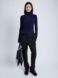 Proenza Schouler Front full length image of model wearing Haven Sweater in Midweight Cashmere Rib in NAVY