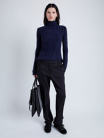 Proenza Schouler Front full length image of model wearing Haven Sweater in Midweight Cashmere Rib in NAVY