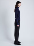 Proenza Schouler Side full length image of model wearing Haven Sweater in Midweight Cashmere Rib in NAVY