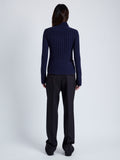 Proenza Schouler Back full length image of model wearing Haven Sweater in Midweight Cashmere Rib in NAVY