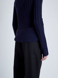 Proenza Schouler Detail image of model wearing Haven Sweater in Midweight Cashmere Rib in NAVY