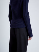 Proenza Schouler Detail image of model wearing Haven Sweater in Midweight Cashmere Rib in NAVY