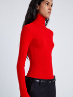 Proenza Schouler Detail image of model wearing Fox Top In Matte Viscose Rib in RED