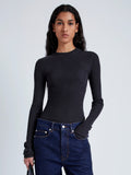 Proenza Schouler Front cropped image of model wearing Alyssa Sweater in Midweight Viscose Rib Knit in CHARCOAL