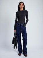 Proenza Schouler Front full length image of model wearing Alyssa Sweater in Midweight Viscose Rib Knit in CHARCOAL