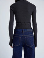 Proenza Schouler Detail image of model wearing Alyssa Sweater in Midweight Viscose Rib Knit in CHARCOAL