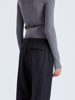 Proenza Schouler Detail image of model wearing Alyssa Sweater in Midweight Viscose Rib Knit in GREY