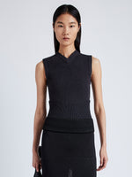 Proenza Schouler Front cropped image of model wearing Cruz Vest in Midweight Viscose Rib Knit in CHARCOAL